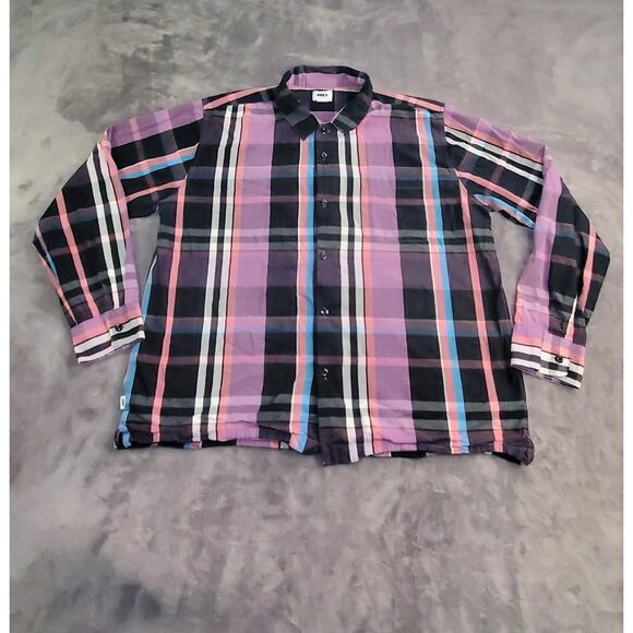Obey Men's Size XXL Organic Cotton Button Down Shirt Purple Black Casual C12-3 - Picture 1 of 8